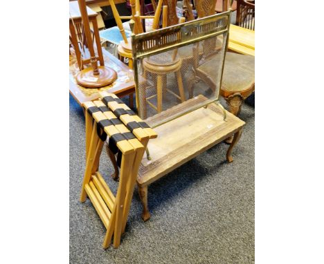 Indian hardwood carved coffee table, 36cm high x 74cm long,&nbsp;two contemporary beechwood folding luggage stands&nbsp;and a