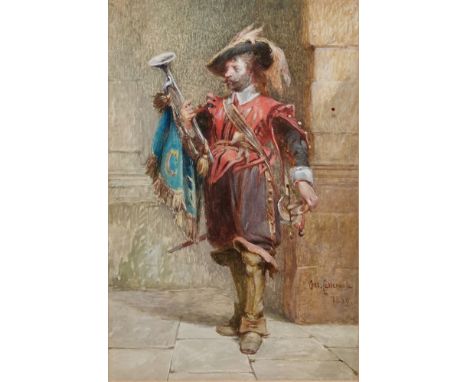 Charles Cattermole (1832-1900) Watercolour drawing 'The Trumpeter', figure in 17th century attire, possibly a courtier or mus