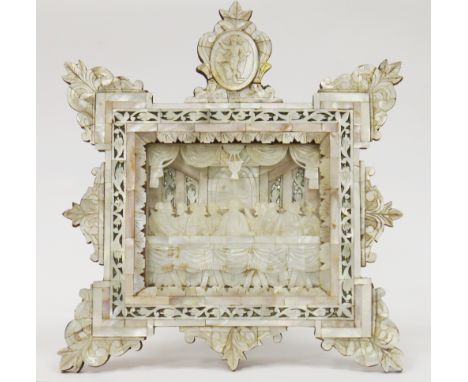 19th century religious mother of pearl diorama depicting the Last Supper, in an&nbsp;ornate mother of pearl and abalone shell
