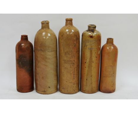Collection of 19th century German and Dutch brown stoneware mineral water bottles, variously inscribed for Georg Kreuzberg, A