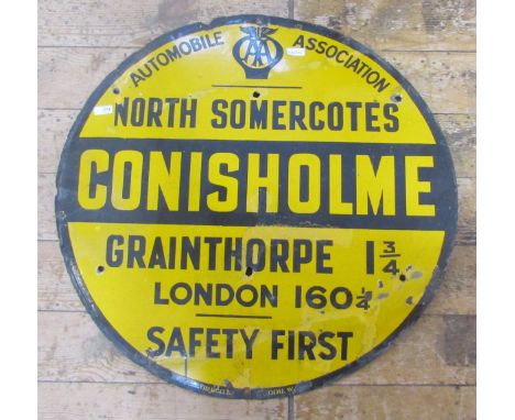 Original enamel AA Automobile Association road sign,&nbsp;Conisholme, North Somercotes with distances to Grainthorpe 1 3/4 mi