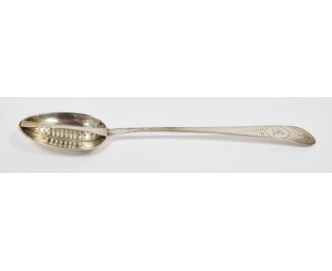 Sterling silver straining spoon, maker's mark PC, pointed old English pattern with Irish Celtic point and bright-cut star eng