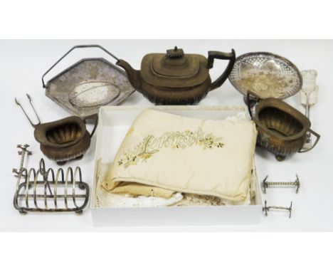 Mixed lot of silver plate, copper and linen&nbsp;including a Walker &amp; Hall silver plate three-piece tea service, toastrac
