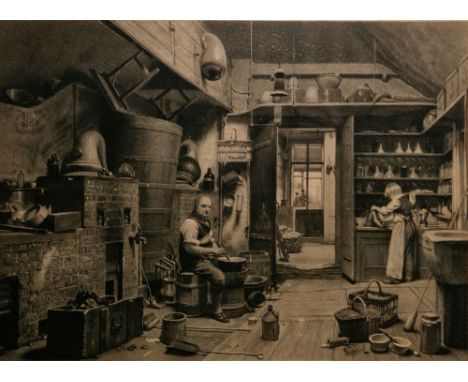 John George Murray  19th century uncoloured mezzotint after W Hunt  "The Laboratory", image 42.5cm x 59cm, oak framed and gla
