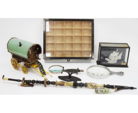 Mixed lot of collectables including a hand-painted wooden model of a gypsy caravan, 36cm long, trinket collector's cabinet, 3