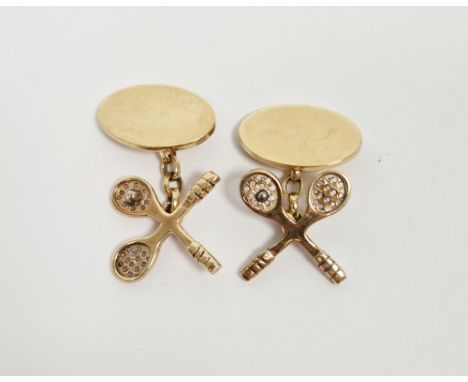 Pair of 9ct yellow gold tennis themed cufflinks, each in the form of a pair of crossed racquets with chain and oval back, app