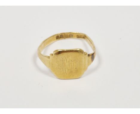 18ct yellow gold signet ring, the head of square form engraved with initials, misshapen, size approximately R, approximate we