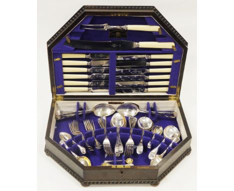 Early 20th century oak cased part canteen of Viners silver plated cutlery, the cabinet with label to fitted interior 'The Orc