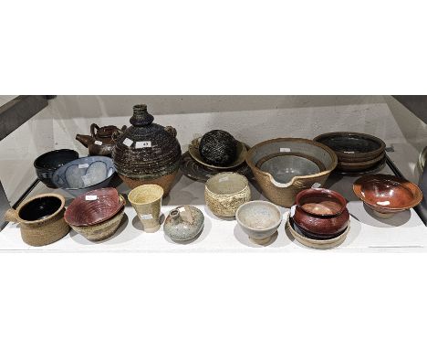 Collection of Studio Pottery, including a flared conical bowl by Tessa Fuchs (1936-2012), painted with an owl in fight, in pa