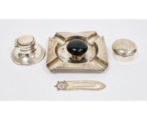 Collection of four silver items including a George V Art Deco ashtray, Birmingham 1932, A Limited, with engraved presentation