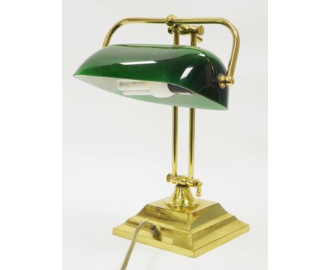 Victorian style gilt metal banker's lamp with swivel green glass shade, 35cm high