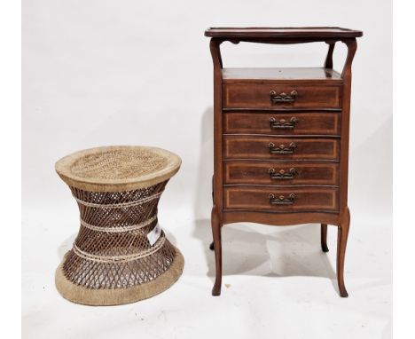 Edwardian mahogany inlaid music cabinet&nbsp;of serpentine form, comprising a shelf and five drawers with coppered Art Nouvea