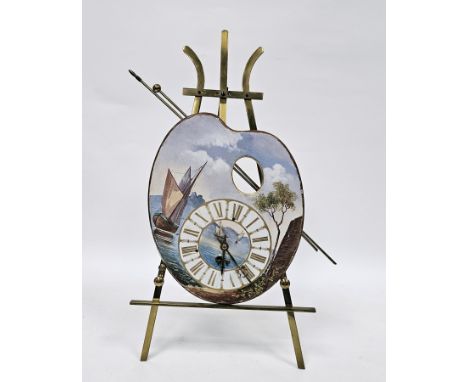 French novelty mantel clock the ceramic dial modelled as an artist's palette decorated with ships, indistinctly marked verso 