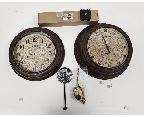 Two Smiths English Clock Co. wall clocks, one a 12 minute stop wtach, the other wall clock with arabic numerals, eight-day me