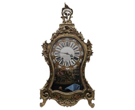 Louis XV style boulle bracket clock, the dial with enamel cartouches, the shaped case with gilt metal mounts and coloured flo