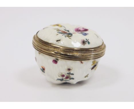 19th century German porcelain silver-mounted flower-moulded snuff box and cover, the exterior painted with scattered flower-s