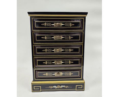 Contemporary Asian black and gold lacquered five-drawer table-top chest, decorated with kingfisher before flowering peony and