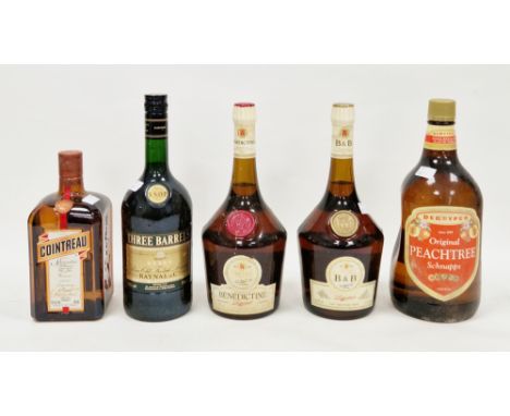 Cointreau liqueur, 1l bottle, 40% vol, Dom V&amp;B liqueur, 1l, 40% vol, Dom Benedictine, 1l, 40% vol, Three Barrels Five Sta