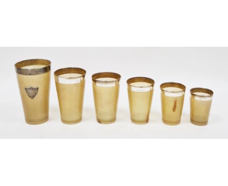 Set of six Victorian horn and silver rimmed beakers, Sheffield 1893, Atkin Brothers, being a graduating set of tapering form 