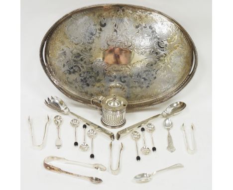 Collection of silver plate including an oval gallery tray, large pierced mustard pot, pair of salad servers, six coffee bean 