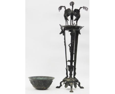 19th century Italian &lsquo; Grand Tour &lsquo; Brazier, the bowl held on three birds, supported on a stand with stag's head 