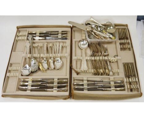 Three trays of silver plate King's pattern flatware&nbsp;including a pair of fruit serving spoons with berry relief bowls, ei