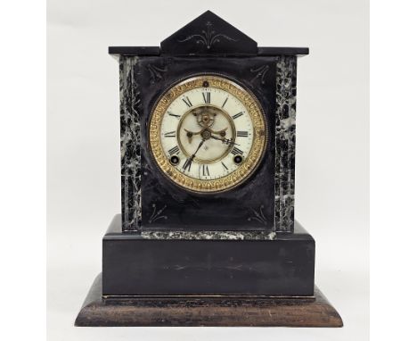 Late 19th century American mantel clock in architectural black and veined marble case, the circular enamel dial with roman nu