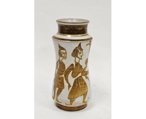 Alan Caiger-Smith (1930-2020) for Aldermaston Pottery, a waisted cylindrical albarello vase, painted in gold lustre with a wa