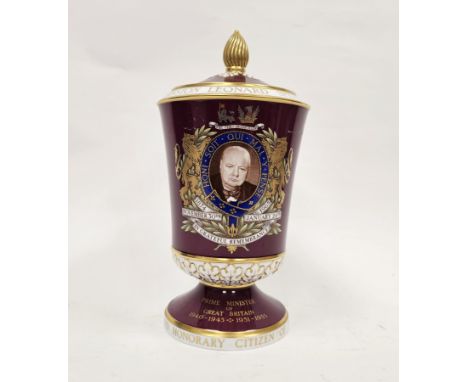 Spode bone china commemorative limited edition Winston Churchill claret-ground vase and cover, commissioned by Thomas Goode &