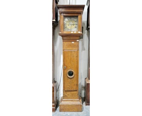 Georgian longcase clock case in simple pine case, stepped pediment hood with plain brass capped column, the rectangular door 