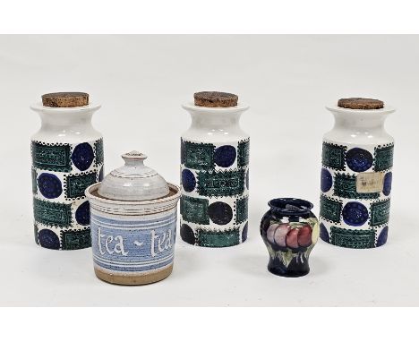 Set of three Portmeirion pottery Talisman pattern cylindrical storage jars and cork stoppers, printed marks, designed by Susa