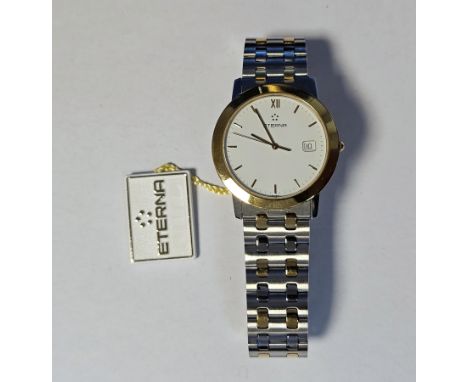 Gent's Eterna bi-coloured stainless steel and 18ct gold bracelet watch, circular dial, baton marker and date aperture, in ori
