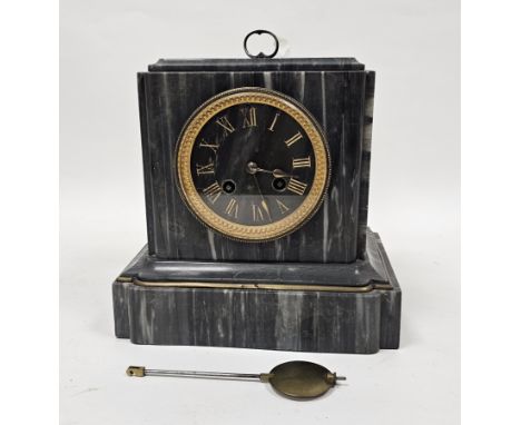 An early 20th century French eight-day mantel clock in a substantial grey veined marble case of square form, the dial with gi