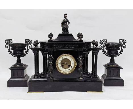 Late 19th century French clock garniture, the time piece in architectural case with columns, cariatives and surmounted by a s