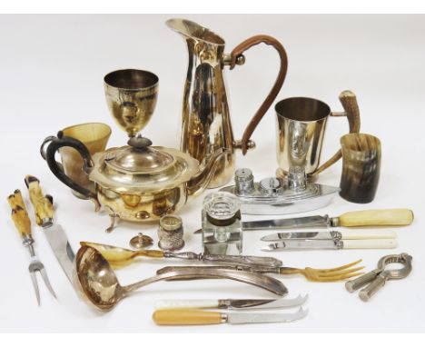 Mixed lot of silver plate metalware and other items including an Art Deco chrome cruet set in the form of a cruise liner with