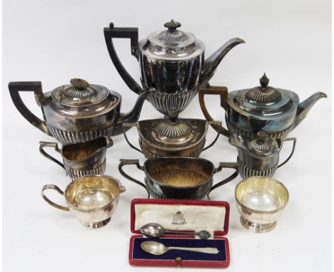 Mixed lot of silver plate and other items&nbsp;including a four-piece tea service with partially fluted bodies, a three-piece