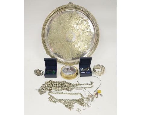 Mixed lot of white metal and costume jewellery including a middle eastern white metal belt and necklace, white metal expandin