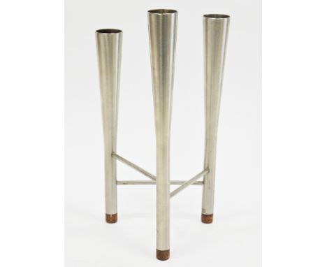 Robert Welch for Old Hall stainless steel ' Campden' three-branch candlestick, having tapering sconces of differing heights u