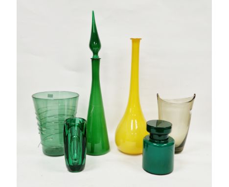 Collection of coloured glassware including a Sklo Union Lens vase designed by Rudolph Schroter for Rosacia Glass, of green ti