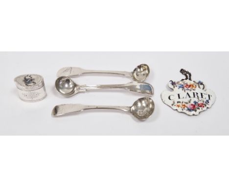 Three silver mustard spoons&nbsp;including a George III example (hallmarks rubbed), another George III example, London 1806 a