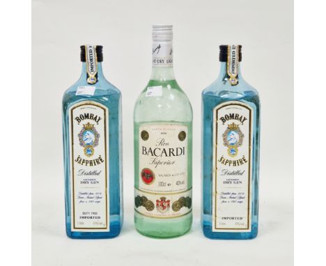 Two bottles of Bombay Sapphire distilled London dry gin, duty free bottling, 47% vol, 1l and a single bottle of Bacardi Super