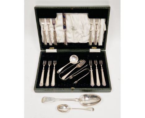 Collection of silver flatware&nbsp;including a George III silver tablespoon, a set of Georgian sugar tongs with bright cut en