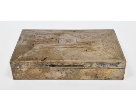 Silver cigar box, Birmingham 1956, makers mark rubbed, the hinged lid with engine-turned decoration and empty cartouche, open