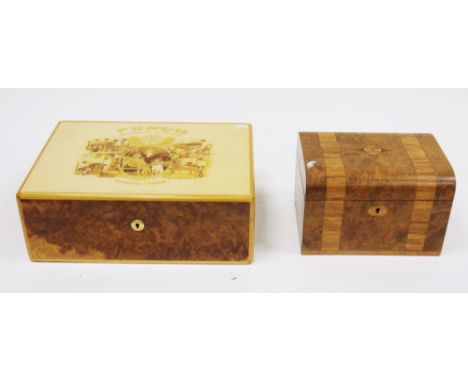 Burr walnut and camphor wood humidor, the hinged lid decorated with a Victorian ' Mr Punch ' scene and marked Manuel Lopez, H