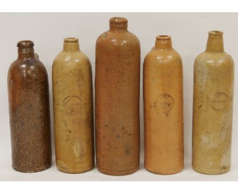 Collection of 19th century German and Dutch brown stoneware mineral water bottles, variously inscribed for Erventlucasbols He