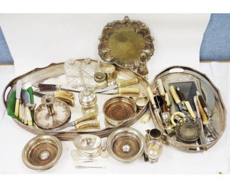 Mixed lot of silver plate and flatware&nbsp;including two oval serving trays with shaped pierced galleries, largest 62cm long