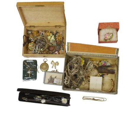 Collection of costume jewellery including vintage marcasite brooches, earrings and buckles, other brooches, beads, necklaces,