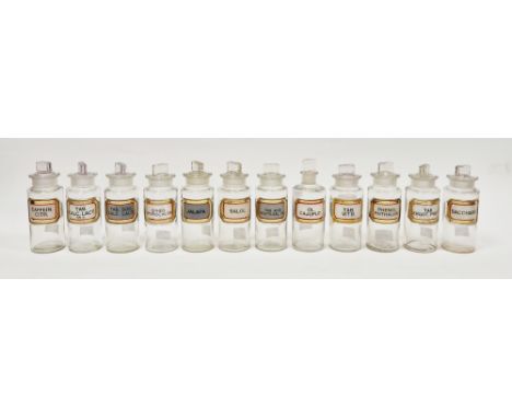 Twelve early 20th century 'label under glass' apothecary bottles, each of cylindrical form with faceted rectangular stopper, 