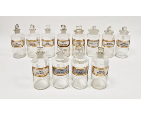 Twelve early 20th century 'label under glass' apothecary bottles and stoppers, each of cylindrical form with faceted rectangu