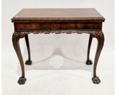 Georgian revival Chippendale-style mahogany fold-over card table, the rectangular top opening to a green baize playing surfac